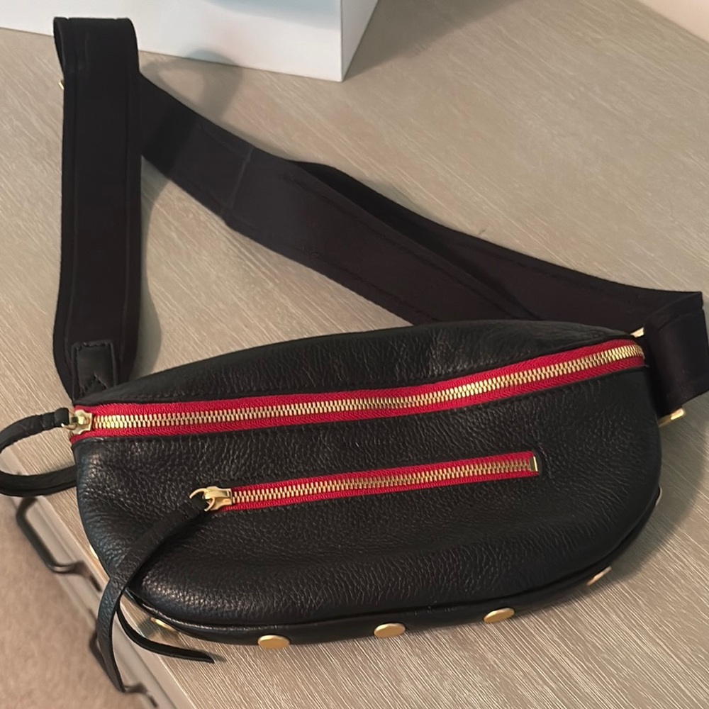 Hammitt Charles Medium Black Leather Belt Bag with Red and Gold Zippers - Picture 2 of 2